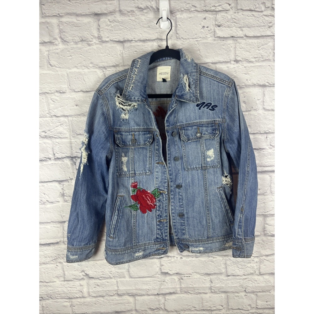 Hidden Y2K Indie Boho Distressed Embroidered Statement Jean Jacket XS